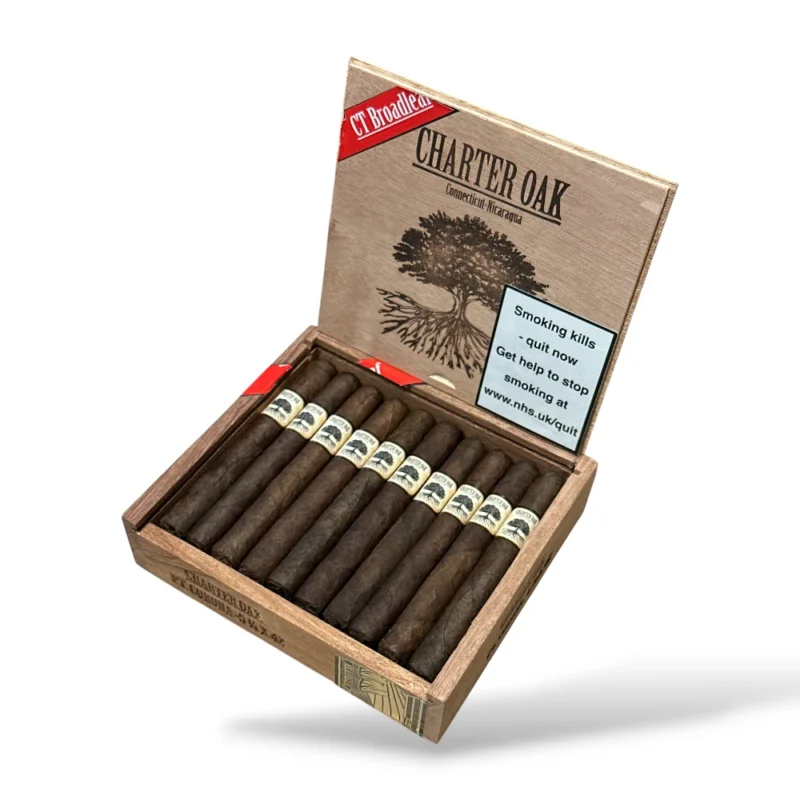 Foundation Charter Oak CT Broadleaf Petite Corona Cigar Box Open