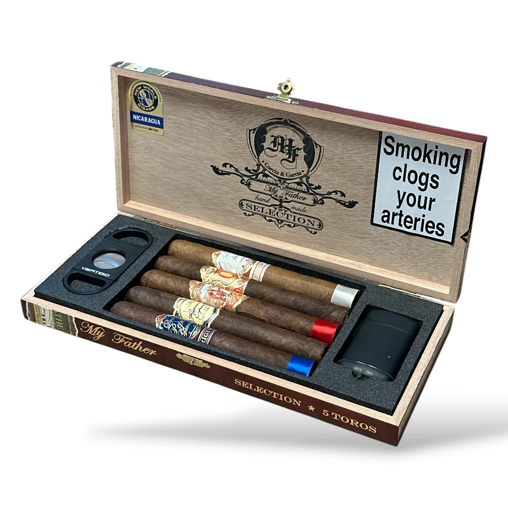 My Father Toro Selection Sampler Gift Box Open 5 Cigars - Cutter & Lighter
