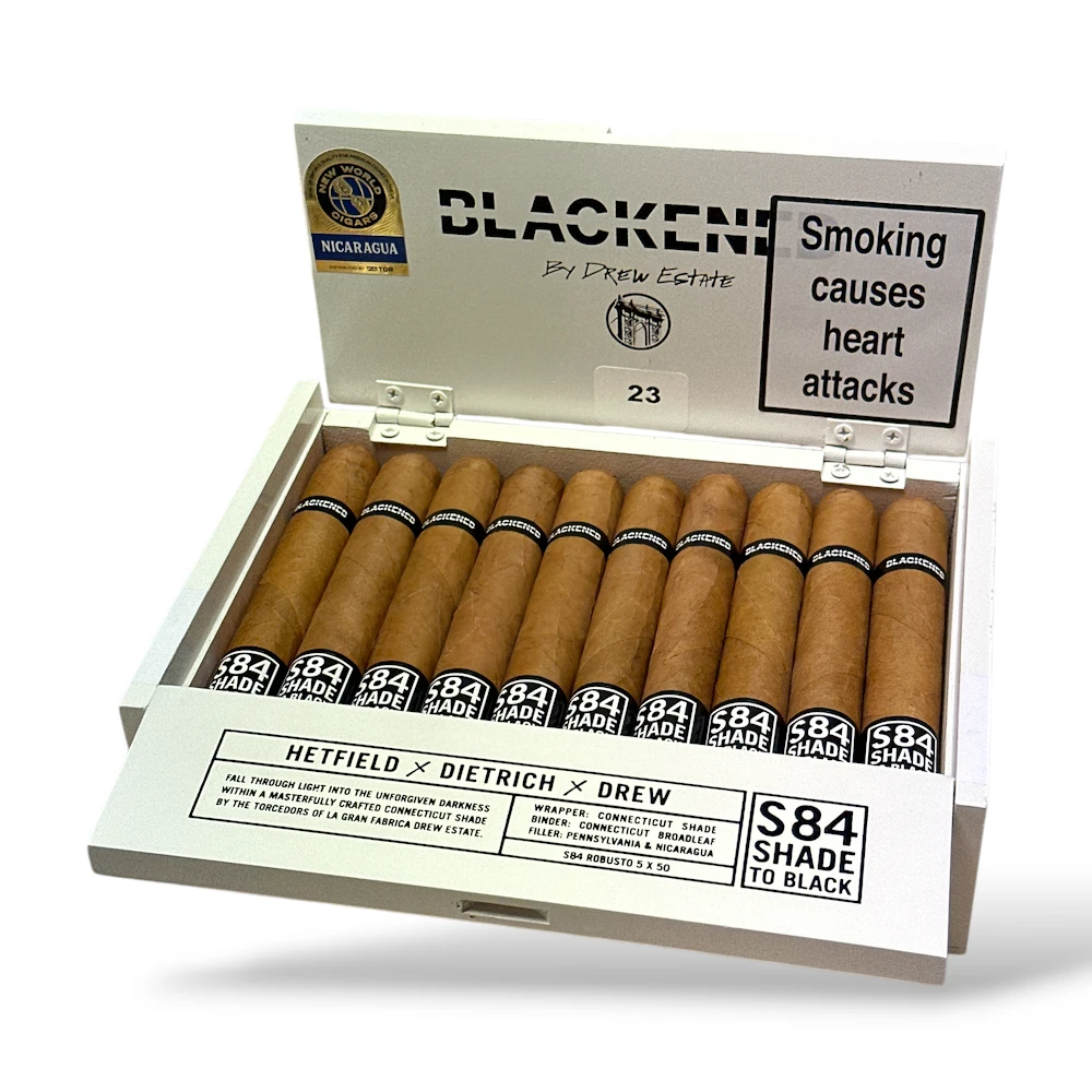 Drew Estate Blackened S84 Shade to Black Robusto Cigar Box Open